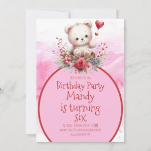 Bear Floral Watercolor Red Birthday  Invitation