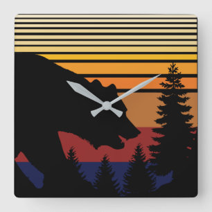 Bear Forest Vintage Colour T-Shirt Square Wall Clock