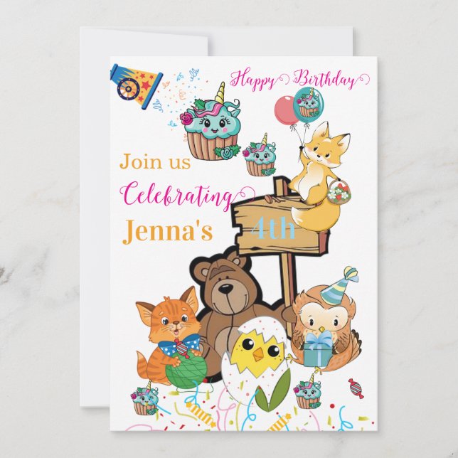 Bear Fox Bird Cupcake Happy Birthday Invitation  (Front)