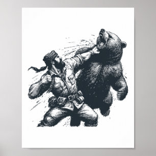Bear Funny Man Punching Bear Retro Vintage Hunting Poster