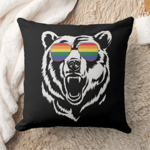 Bear Gay LGBTQ Rainbow Sunglasses Pride Flag Throw Pillow