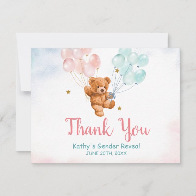 Bear Gender Reveal Pink and Blue Balloon Thank You Card (Front)