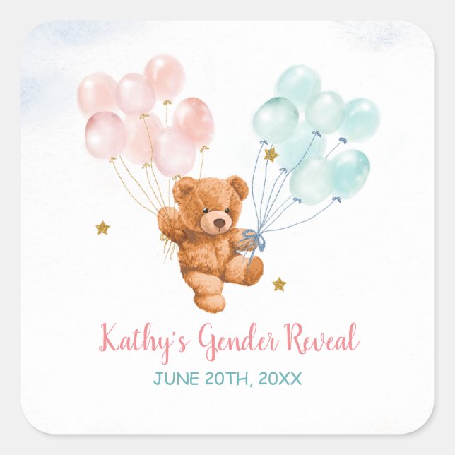 Bear Gender Reveal Pink and Blue Gold Star Square Sticker (Front)