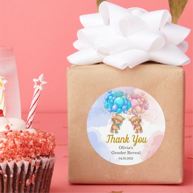 Bear Gender Reveal Pink and Blue Thank You Sticker (Party)
