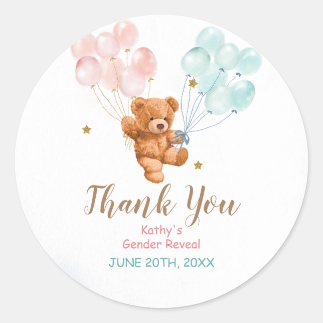 Bear Gender Reveal Pink and Blue Thank You Sticker (Front)