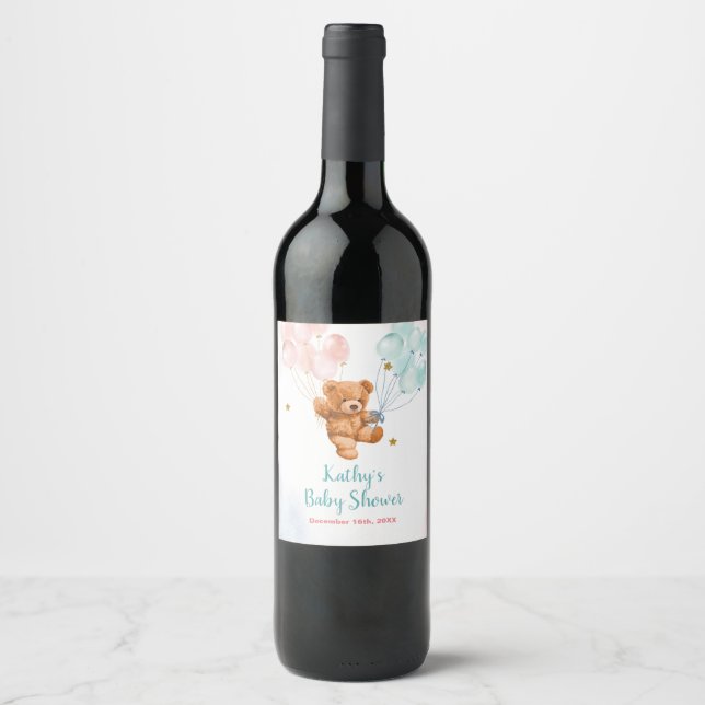 Bear Gender Reveal Pink and Blue Wine Bottle Label (Front)