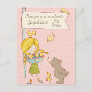 Bear Girl Ducklings Children Birthday Invitation Postcard