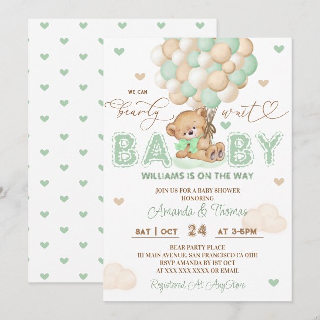 Bear Green Balloons Gender Neutral Baby Shower Invitation (Front/Back)