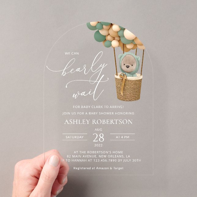 Bear, Green Balloons, Hot Air Balloon, Baby Shower Acrylic Invitations (Insitu (Handheld))