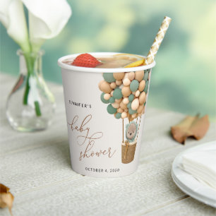 Bear, Green Balloons, Hot Air Balloon, Baby Shower Paper Cups