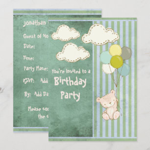 Bear Green Rustic Stripes Kids Birthday Invitation