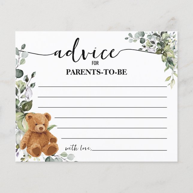 Bear Greenery Advice Mom & Dad Baby Shower Card (Front)