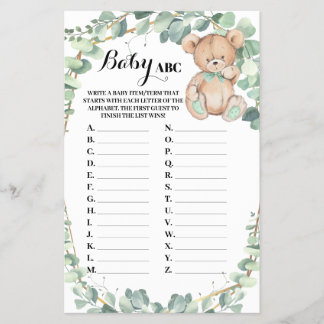 Bear Greenery Baby ABC Baby Shower Game Card