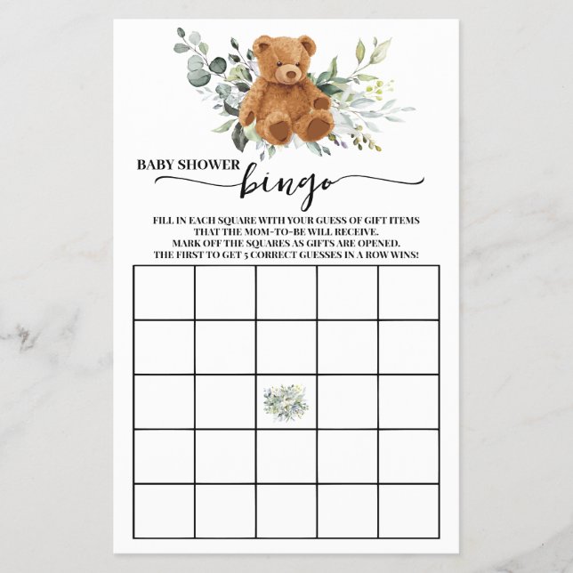 Bear Greenery Baby Shower Bingo Game Card (Front)