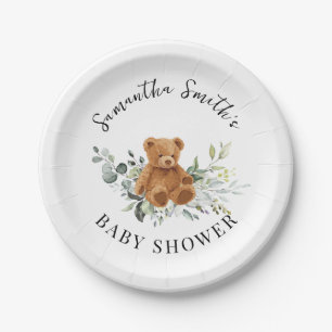 Bear Greenery Eucalyptus Baby Shower Round Paper Plate