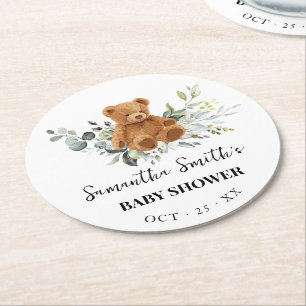 Bear Greenery Eucalyptus Baby Shower Round Paper Round Paper Coaster
