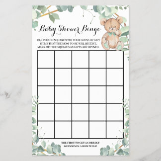 Bear Greenery Gold Baby Shower Bingo Game Card