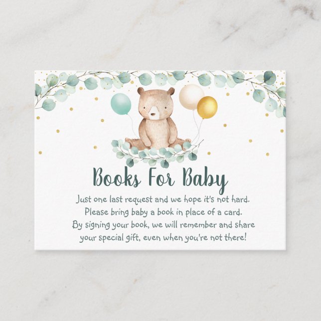 Bear Greenery Gold Baby Shower Book Request Enclosure Card (Front)