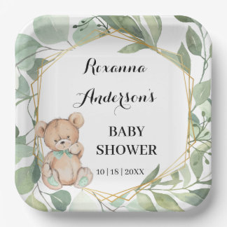 Bear Greenery Gold Baby Shower Paper Plate