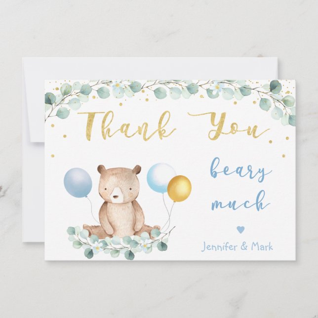 Bear Greenery Gold Blue Baby Shower Thank You (Front)