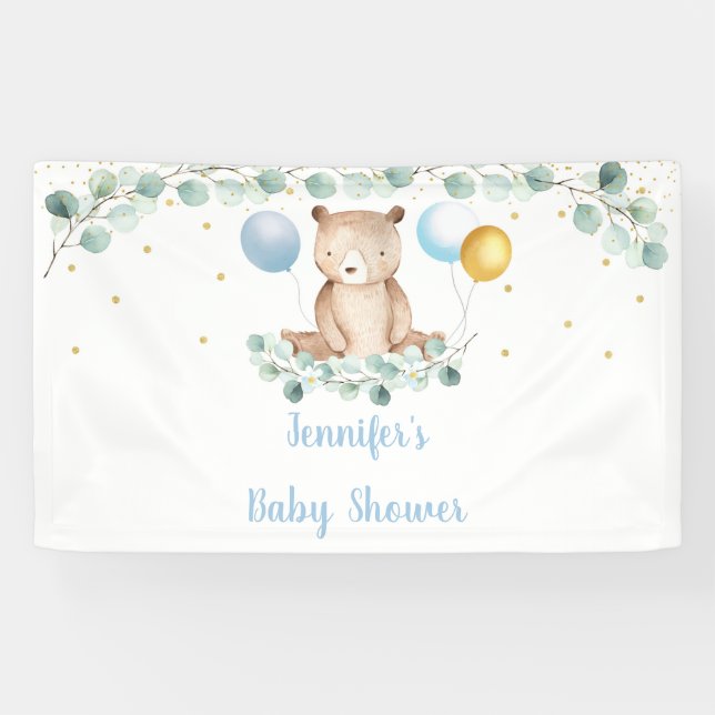 Bear Greenery Gold Blue Boy Baby Shower Banner (Horizontal)