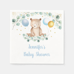 Bear Greenery Gold Blue Boy Baby Shower Napkin