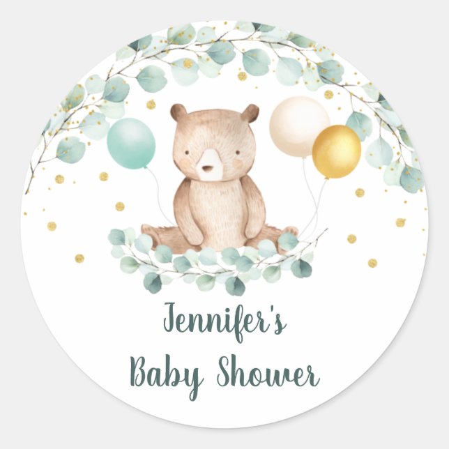 Bear Greenery Gold Gender Neutral Baby Shower Classic Round Sticker (Front)