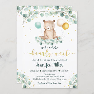 Bear Greenery Gold Gender Neutral Baby Shower Invitation