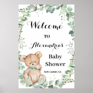 Bear Greenery Gold Welcome Baby Shower Poster