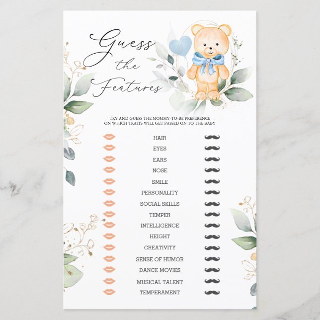 Bear Greenery Guess Baby Features Baby Shower Game (Front)