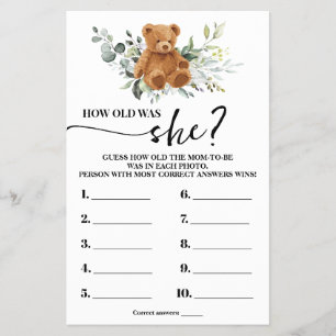 Bear Greenery How old Mom Baby Shower Game Card