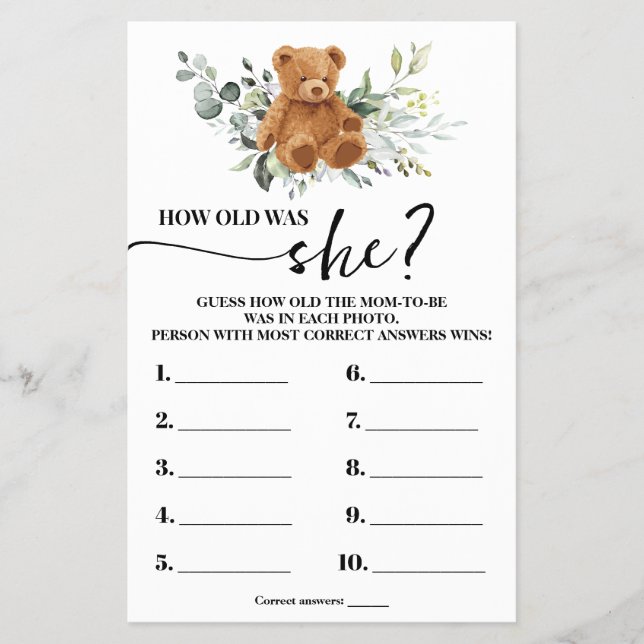 Bear Greenery How old Mom Baby Shower Game Card (Front)