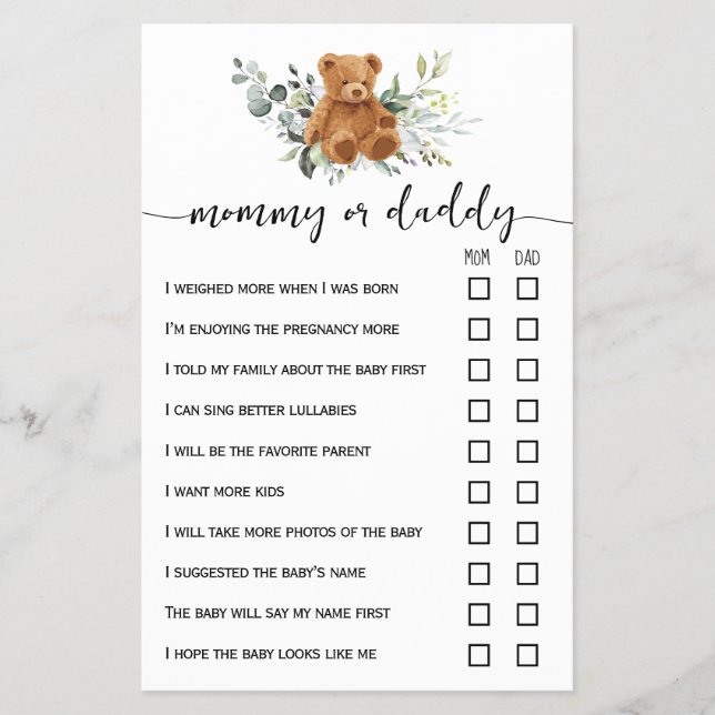 Bear Greenery Mom or Dad Baby Shower Game Card (Front)