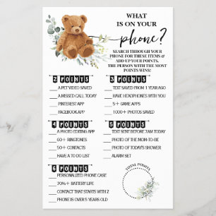 Bear Greenery Whats on your Phone Shower Game Card