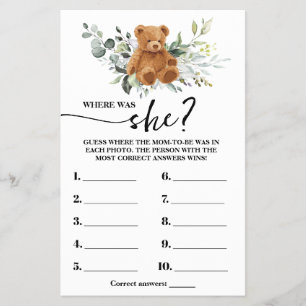 Bear Greenery Where was Mom to be Shower Game Card
