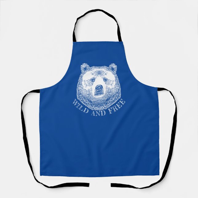 Bear Head, Wild And Free, Hand Drawn Illustration Apron (Front)