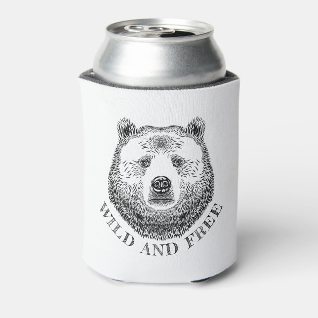 Bear Head, Wild And Free, Hand Drawn Illustration Can Cooler (Can Back)