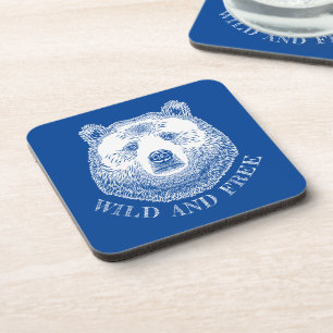 Bear Head, Wild And Free, Hand Drawn Illustration Coaster