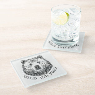 Bear Head, Wild And Free, Hand Drawn Illustration Glass Coaster