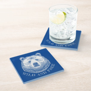 Bear Head, Wild And Free, Hand Drawn Illustration Glass Coaster