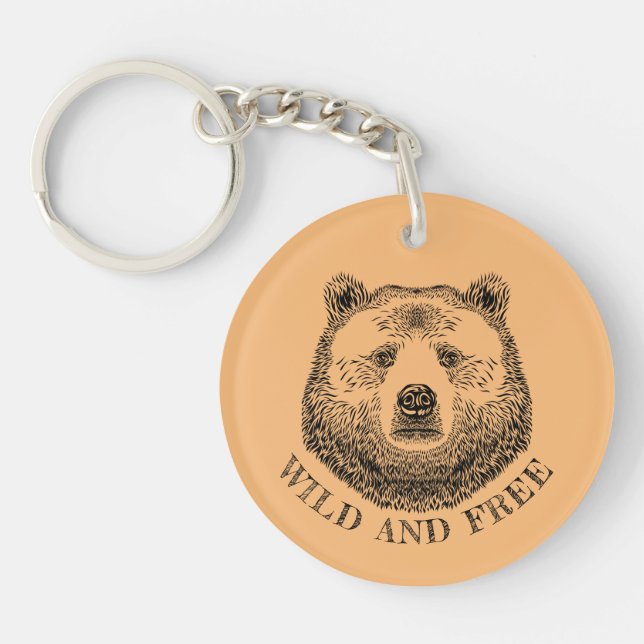 Bear Head, Wild And Free, Hand Drawn Illustration Keychain (Front)