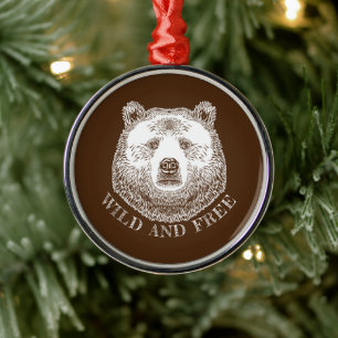 Bear Head, Wild And Free, Hand Drawn Illustration Metal Ornament