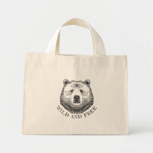 Bear Head, Wild And Free, Hand Drawn Illustration Mini Tote Bag