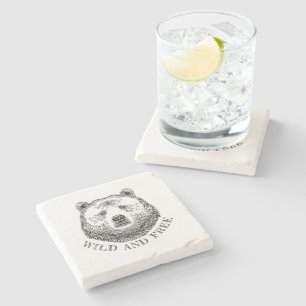 Bear Head, Wild And Free, Hand Drawn Illustration Stone Coaster