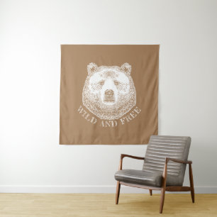 Bear Head, Wild And Free, Hand Drawn Illustration Tapestry