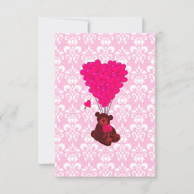 Bear & heart balloons on pink damask (Front)