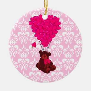Bear & heart balloons on pink damask ceramic ornament
