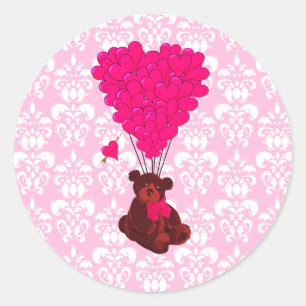 Bear & heart balloons on pink damask classic round sticker