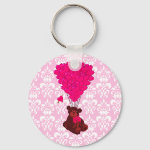 Bear & heart balloons on pink damask keychain