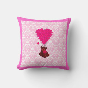 Bear & heart balloons on pink damask throw pillow